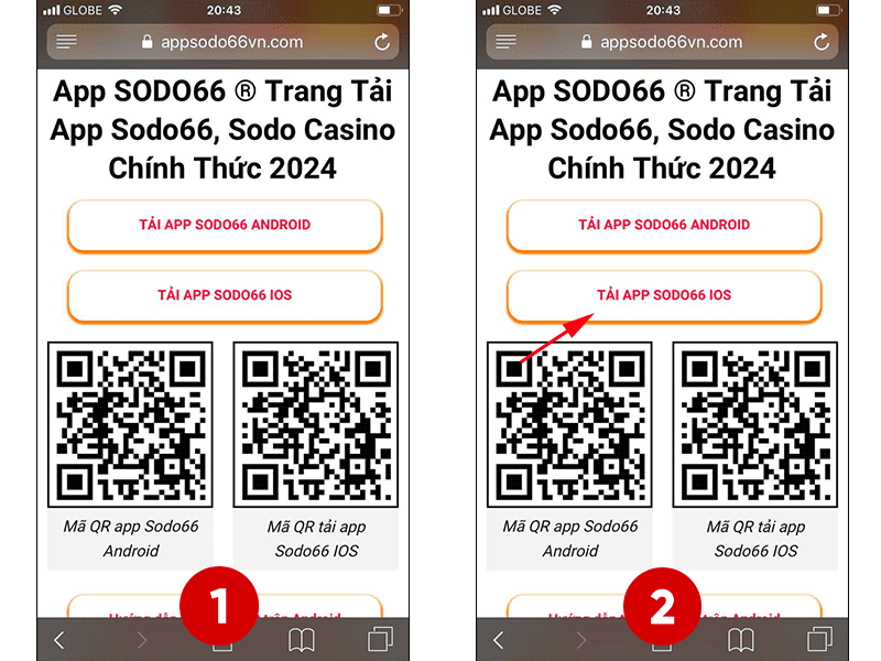 Bước 1 và Bước 2 hướng dẫn tải app Sodo66 trên điện thoại sử dụng hệ điều hành IOS