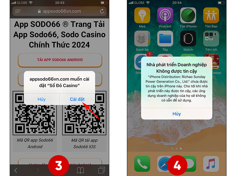 Bước 3 và Bước 4 hướng dẫn tải app Sodo66 trên điện thoại sử dụng hệ điều hành IOS