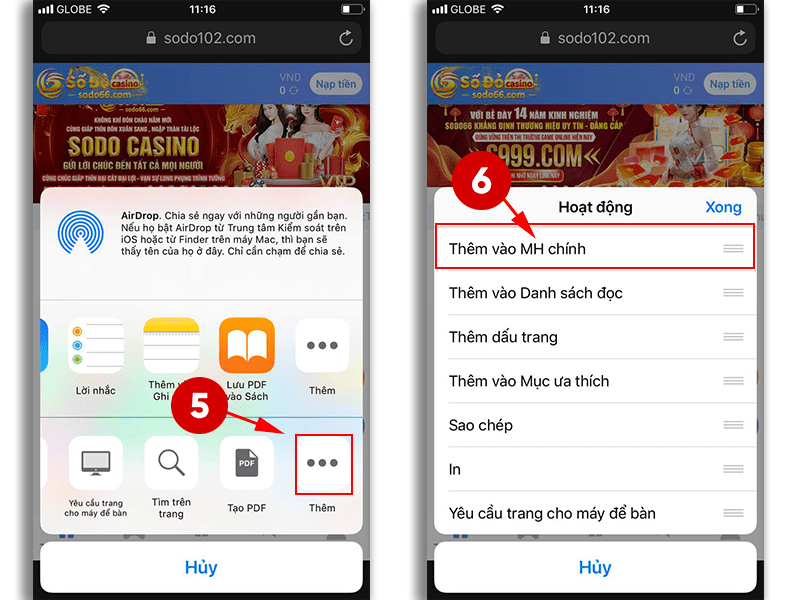 Bước 5, 6 hướng dẫn đưa trang chủ Sodo66 ra màn hình chính trên iOS